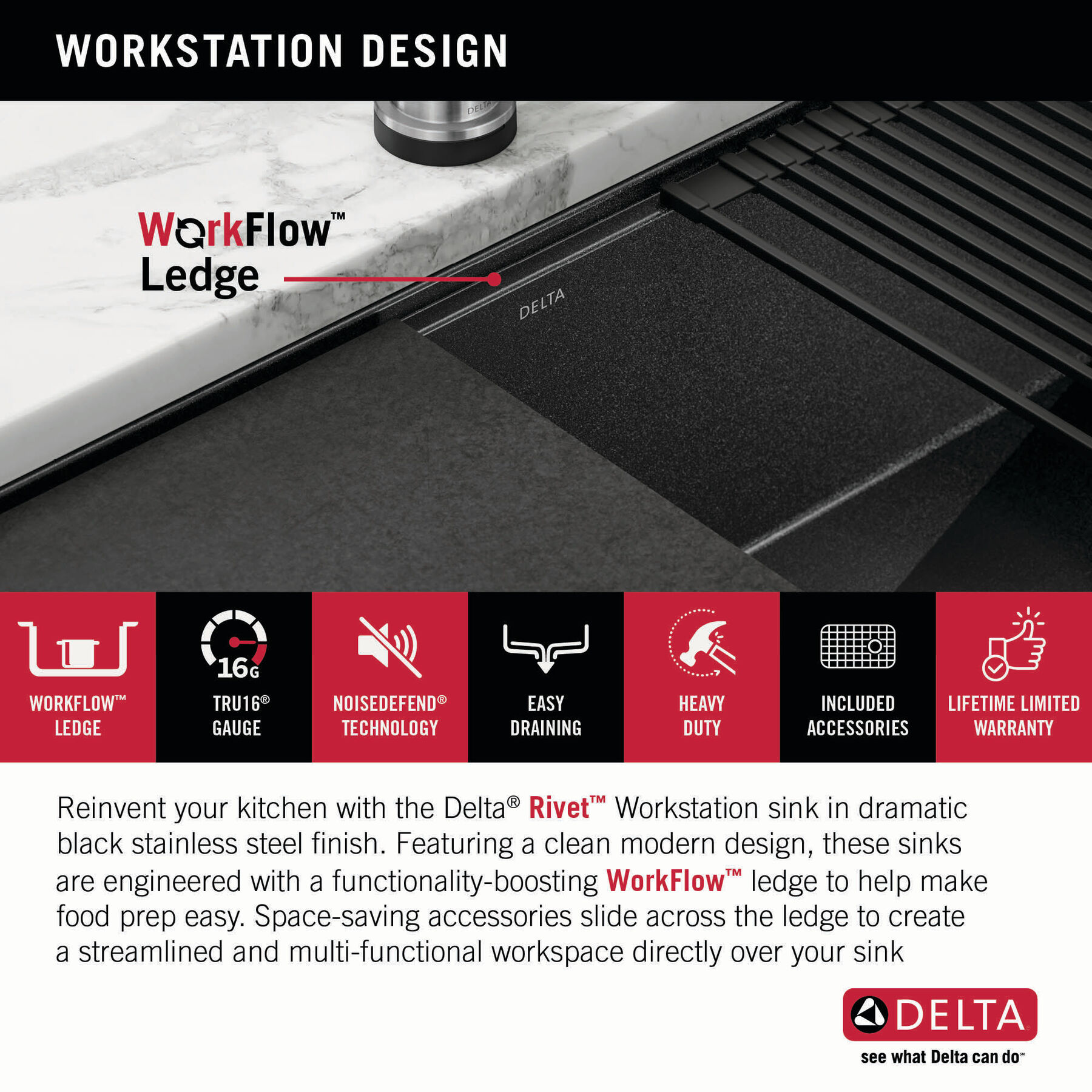 30” Undermount 16 Gauge Workstation Kitchen Sink Single Bowl with WorkFlow™ Ledge and Accessories, image 7